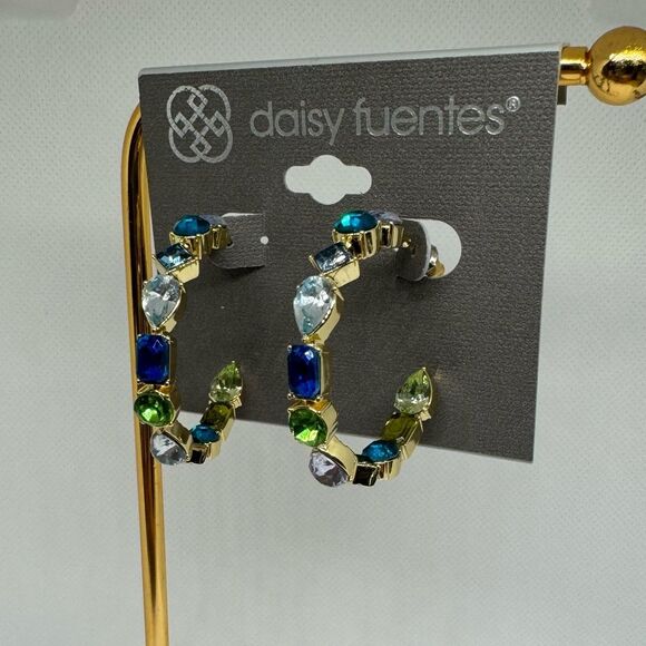 Daisy Fuentes Gold Tone Open Hoop Inside Outside Crystal Earrings 1.5 inch - Picture 2 of 8